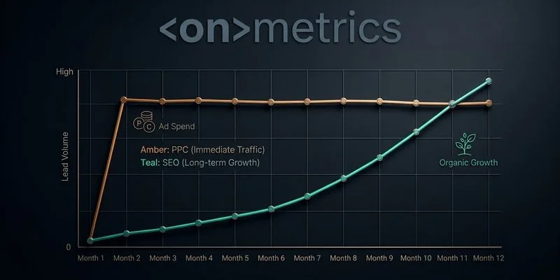Timeline comparison graph showing PPC immediate results versus SEO gradual growth curve over twelve months
