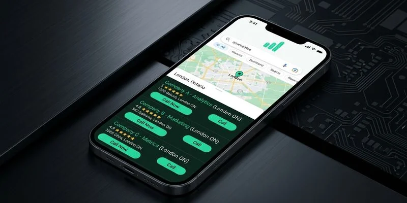 Mobile phone showing Google Maps local pack results for a London Ontario business search query